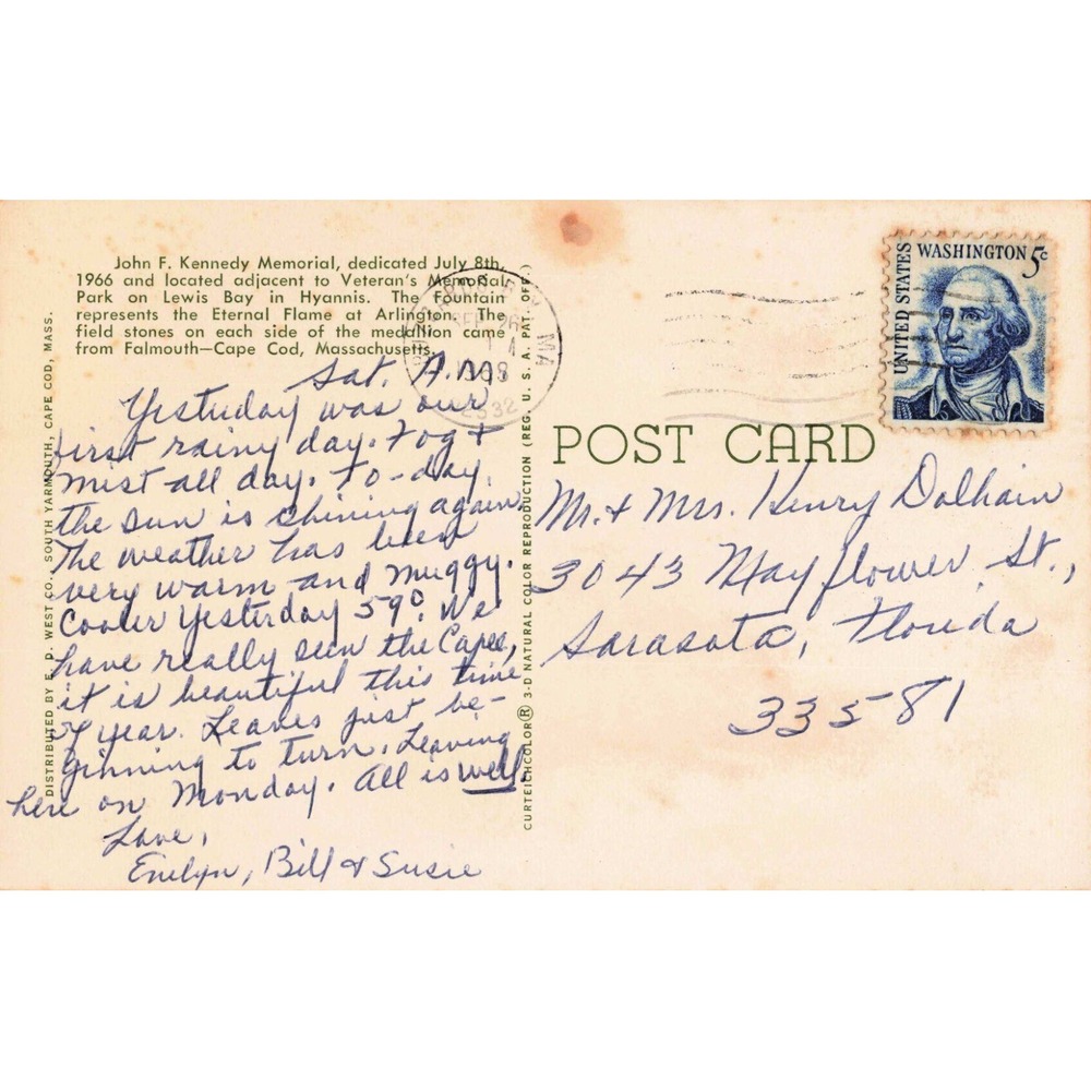 Vintage 1966 JFK Memorial Postcard Hyannis Cape Cod Mass George Washington Stamp - Picture 2 of 2